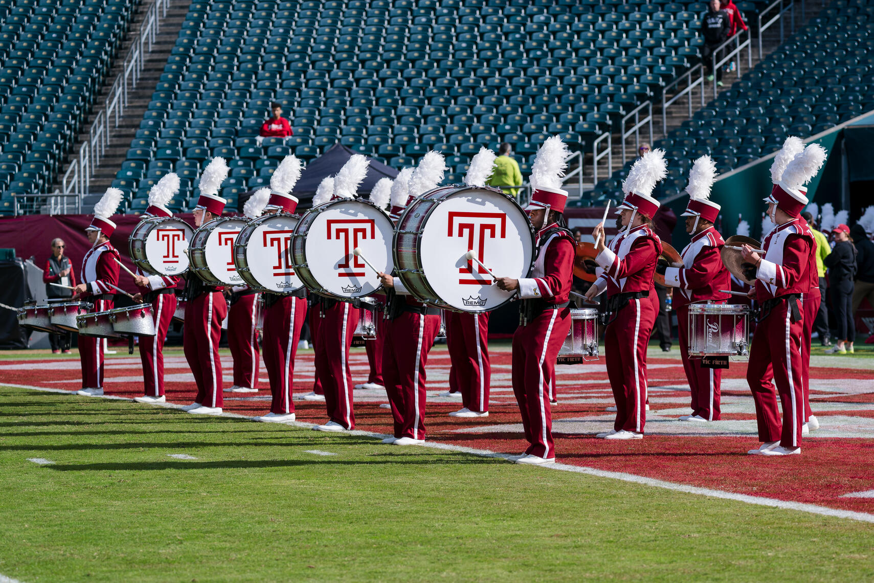 PHILADELPHIA, PA - Temple University’s marching band performs during the November 1, 2025 game at Lincoln Financial Field in Philadelphia, Pennsylvania.