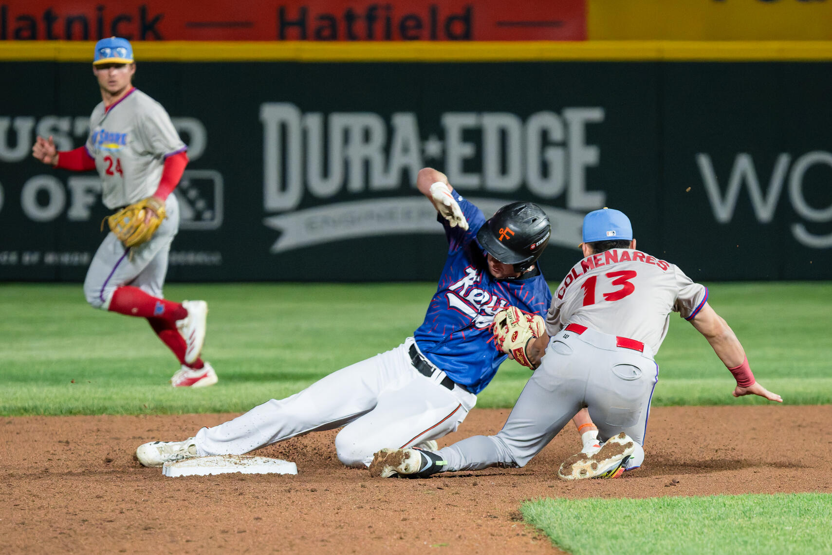 FREDERICK, MD - Luis Colmenares attempts to tag a Frederick Keys baserunner at second base on May 8, 2026, in Frederick, Maryland. The baserunner was called safe.