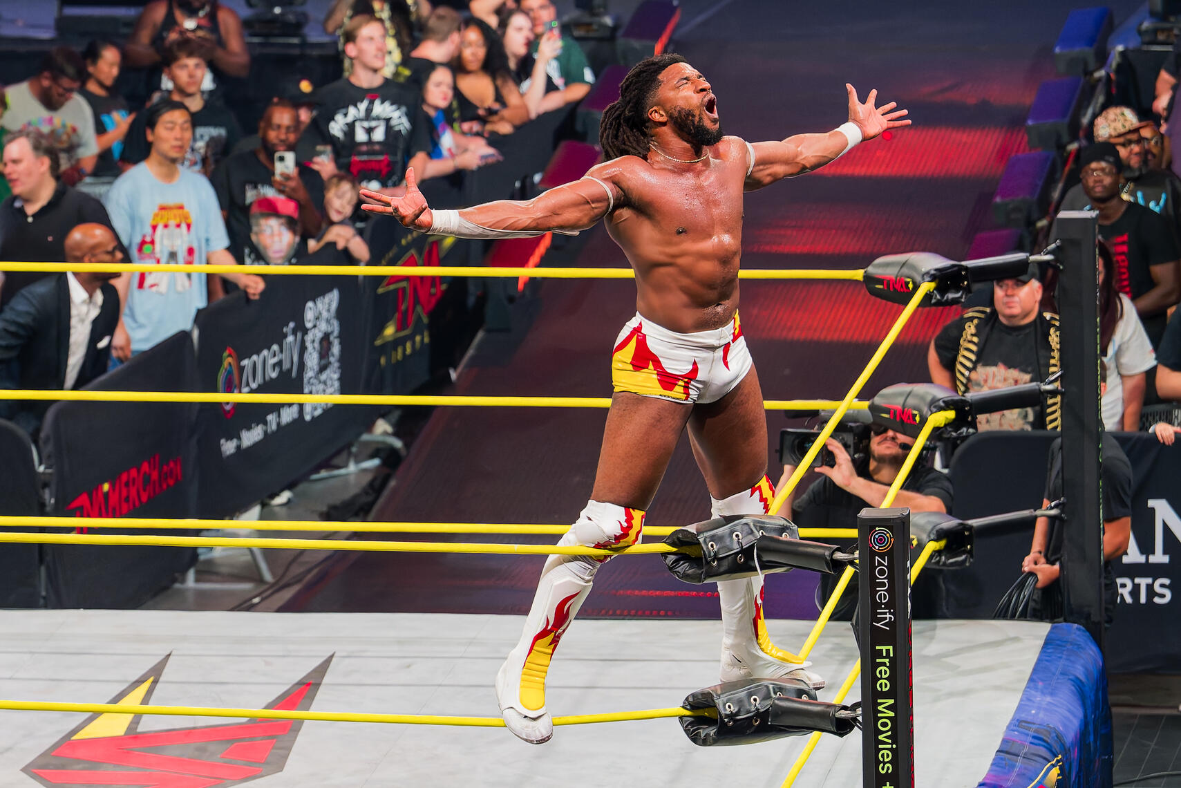 BALTIMORE, MD - Trick Williams celebrates after his title defense against Moose during the August 15, 2025 TNA Emergence event at Chesapeake Employers Insurance Arena in Baltimore, Maryland.