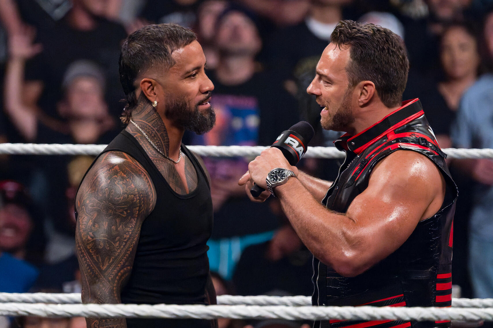 BALTIMORE, MD - LA Knight addresses Jey Uso during the June 15, 2026 WWE event at CFG Bank Arena in Baltimore, Maryland.