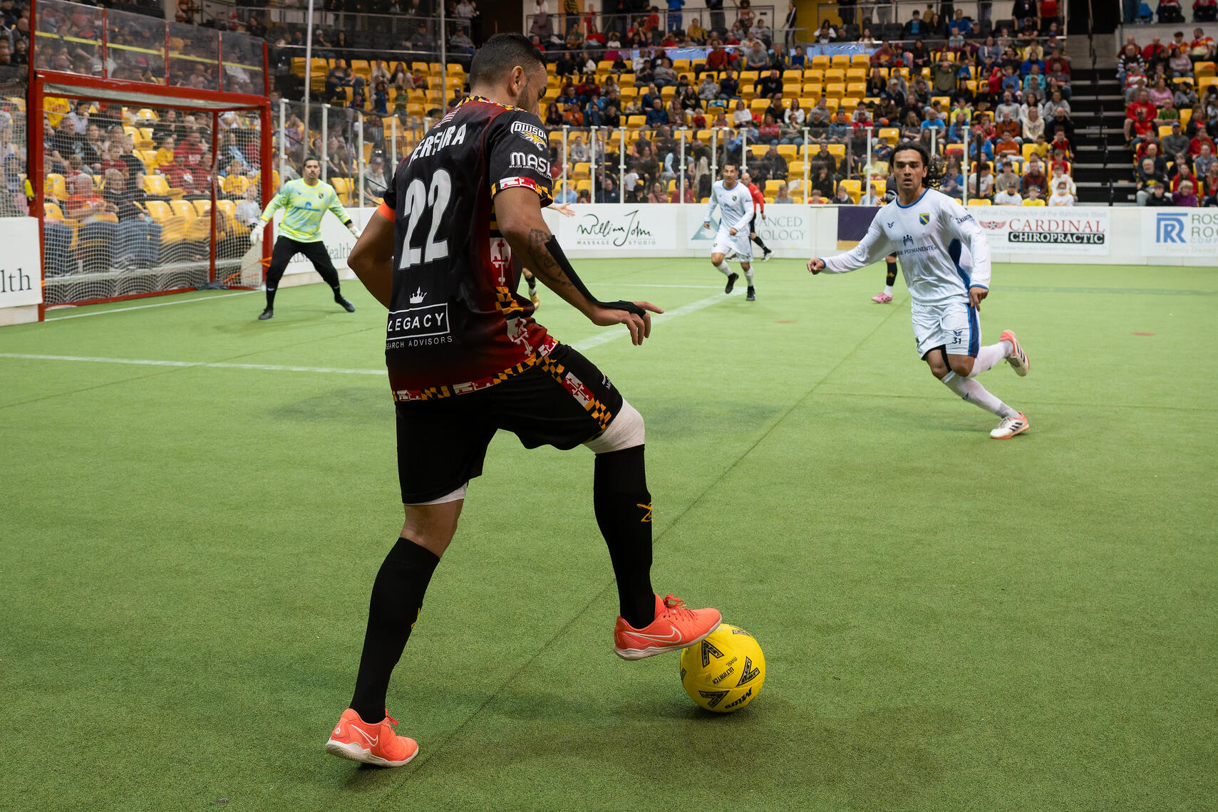BALTIMORE, MD - Juan Pereira (22) settles the ball during the January 10, 2026 game at SECU Arena in Baltimore, Maryland.