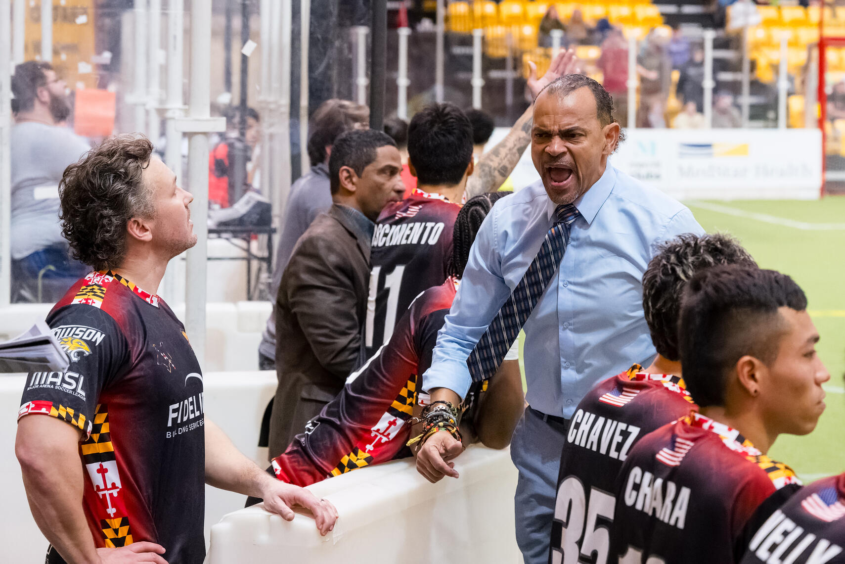 BALTIMORE, MD – Baltimore Blast head coach David Bascome reacts to a call during a Major Arena Soccer League match on February 1, 2026, at SECU Arena.