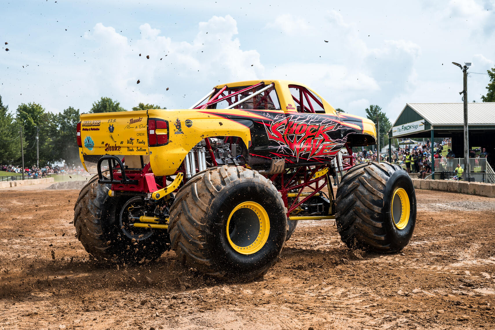 WESTMINSTER, MD - Shockwave kicks mud across the course during the July 11, 2026 monster truck event at the Carroll County AG Center in Westminster, Maryland.